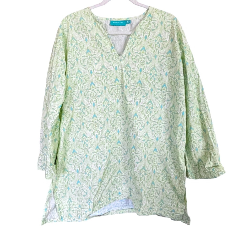 Needham Lane Preppy V-Neck‎ Tunic Top Cotton Poplin Cottage Bohemian XL